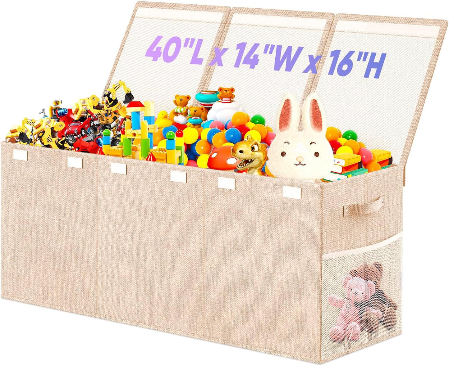 Extra Large Toy Storage Box with Lid Divider, Sturdy Collapsible Toys Organizer Chest Kids Storage Bins Boxes Baskets for Boys, Girls, Nursery, Bedroom, Living Room, Playroom, 40"x14"x16", Beige