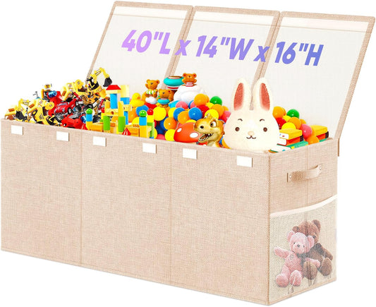 Extra Large Toy Storage Box with Lid Divider, Sturdy Collapsible Toys Organizer Chest Kids Storage Bins Boxes Baskets for Boys, Girls, Nursery, Bedroom, Living Room, Playroom, 40"x14"x16", Beige