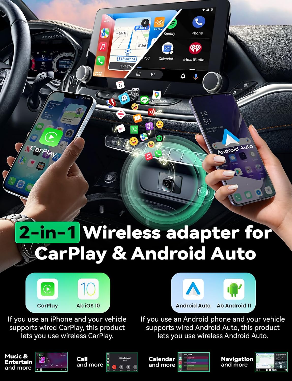Wireless Carplay & Android Auto Adapter, Metal Design Mini & Stable 2-in-1 Dongle, Convert Vehicle's Wired CarPlay/Android Auto to Wireless, for iOS 10+/Android 11+ & Cars from 2016