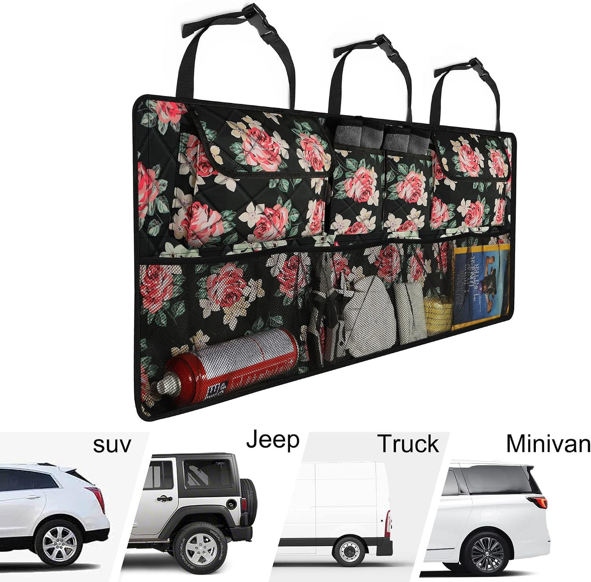 Femuar Car Trunk Organizer,Large Capacity Backseat Trunk Organizer(42"*18"),Collapsible Car Storage Bag with 8 Pocekt,Car Organizer for SUV/MPV/Truck - Floral
