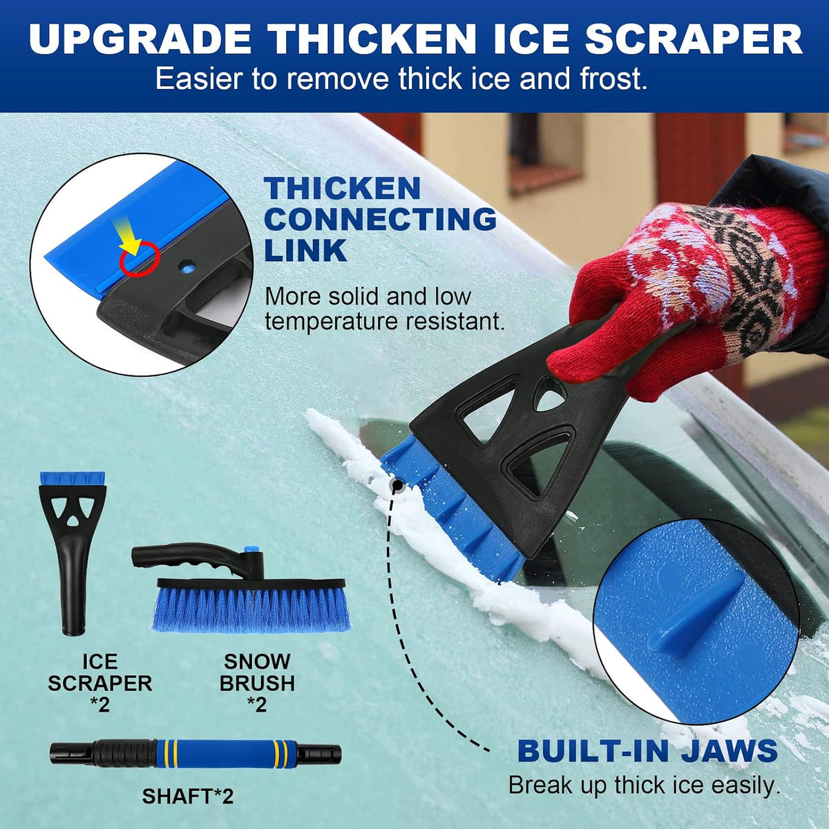 BFONS 2 PCS Ice Scrapers for Car Windshield, 2-in-1 Snow Scraper and Snow Brush for Car SUV Truck, Car Ice Windshield Scraper for Ice and Snow with 360° Pivoting Brush and Ergonomic Foam Grip Blue