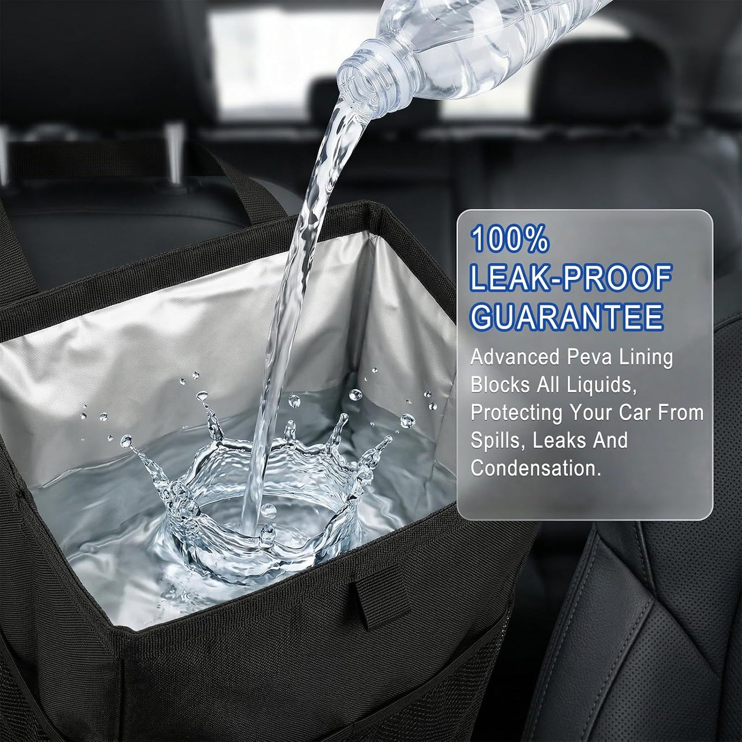 Waterproof Car Trash Bag with 50 Garbage Bag, 3.5 Gallon Hanging Leak-Proof Car Garbage Can for Back Seat with Storage Pockets, Foldable Hanging Trash Bin for Camping & Road Trips (Black)