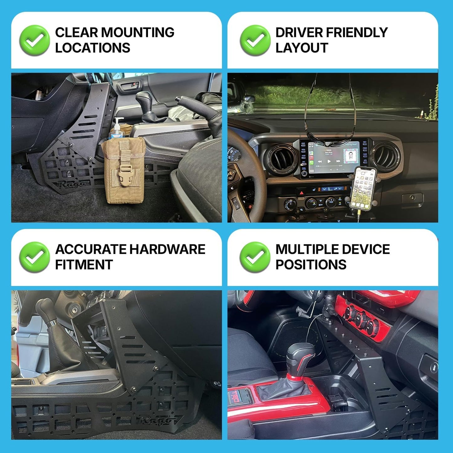 Rago Center Console Molle Storage Panel for 3rd Gen Tacoma 2016-2023 | Interior Organizer, Modular Gear Mount System for Tablets & GPS
