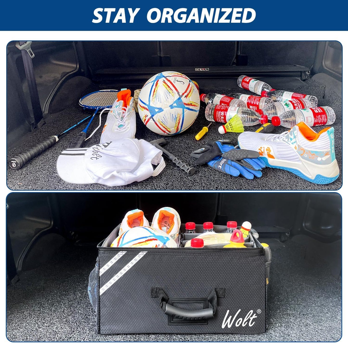 WOLT Car Trunk Organizer with Lid, Collapsible Multi Compartment SUV Organizer with Non-Slip Base Adjustable Straps