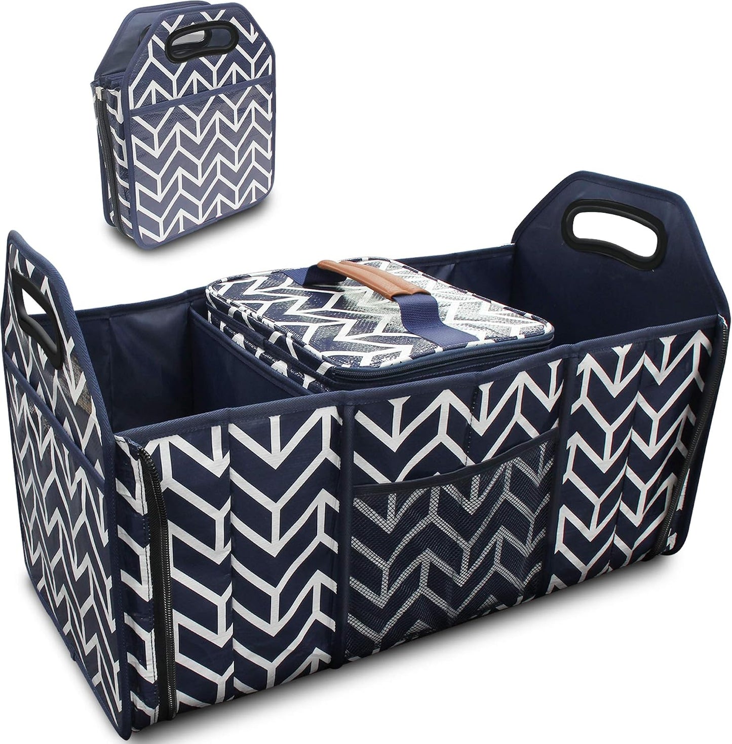 Orionstar Trunk Organizer, Foldable Car Storage Bag Insulation Cooler Bag | Collapsible Vehicle Organizer Divider Storage Totes with 3 Compartment Cargo Tote for SUV, Navy Blue