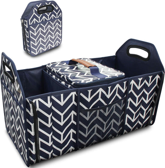 Orionstar Trunk Organizer, Foldable Car Storage Bag Insulation Cooler Bag | Collapsible Vehicle Organizer Divider Storage Totes with 3 Compartment Cargo Tote for SUV, Navy Blue