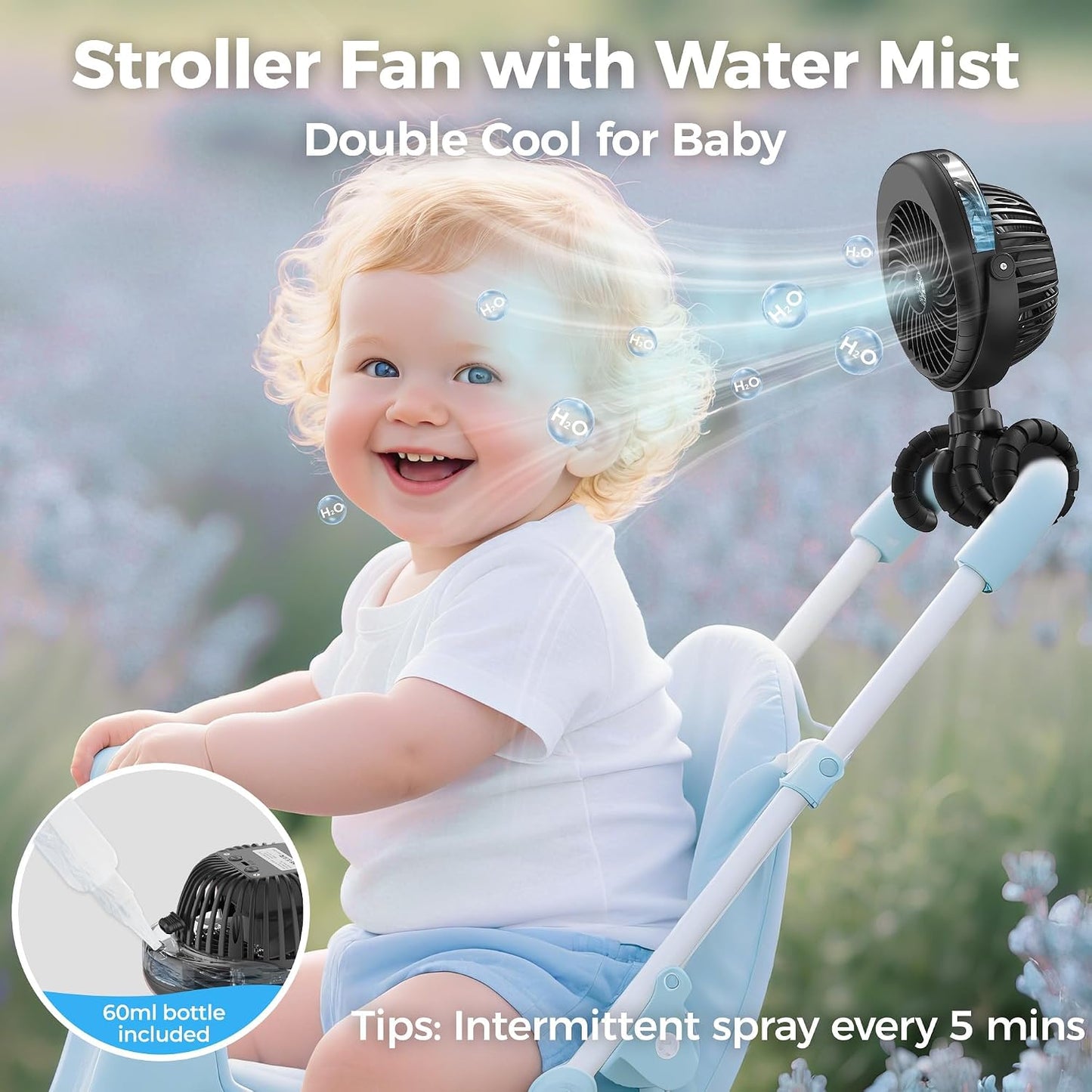 2026 Upgraded Misting Baby Stroller Fan Rechargeable, Flexible Tripod Clip for Car Seat Crib, Baby Shower Gifts & Baby Registry Search, Newborn Essentials for Beach Travel, Disney Summer Essentials
