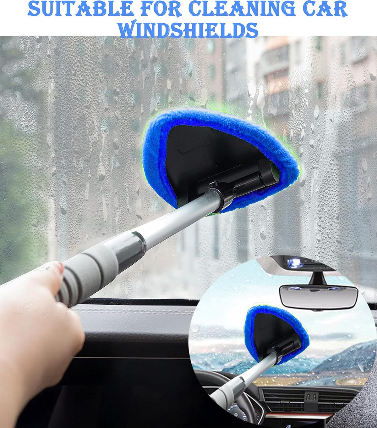Car Windshield Cleaner Tool with Reusable Pads Extendable Handle(Blue)