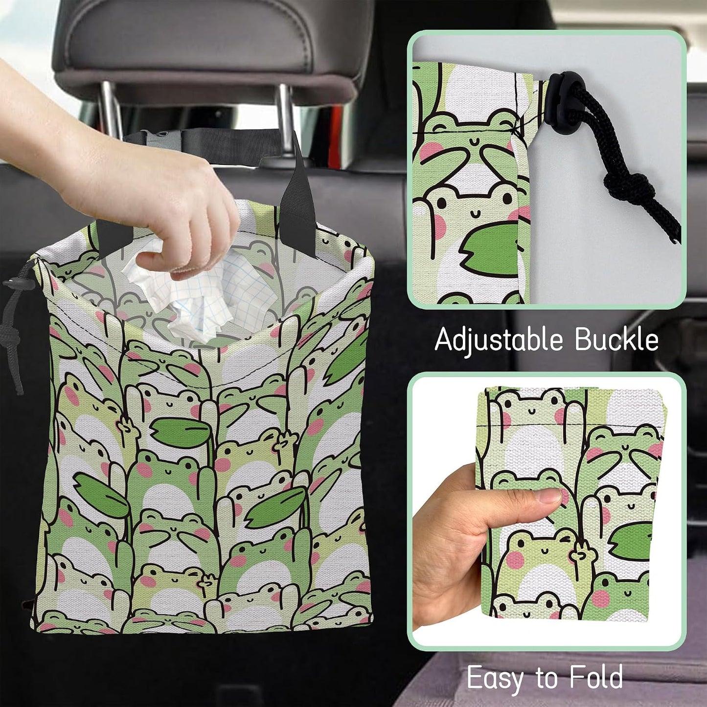 Cute Frog Car Garbage Bag,Waterproof Small Car Trash Bag Hanging Back of Seat,Drawstring Hanging Car Trash Bag with Adjustable Buckle for Car Accessories