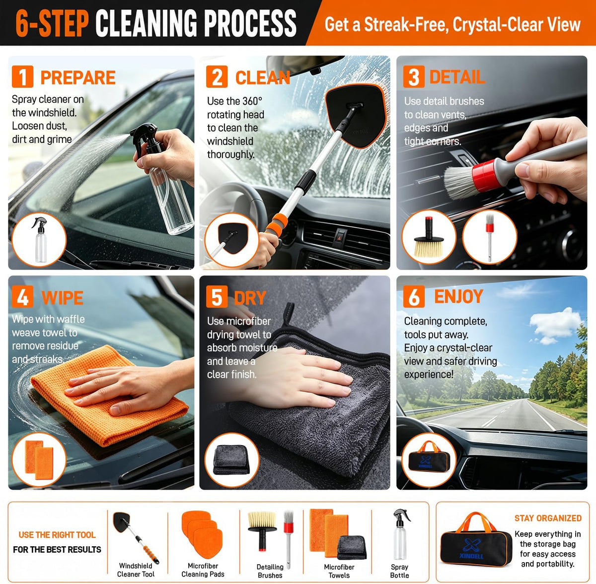 XINDELL Interior Windshield Cleaner Tool, Extendable Car Window Cleaning Kit with 360° Rotating Head