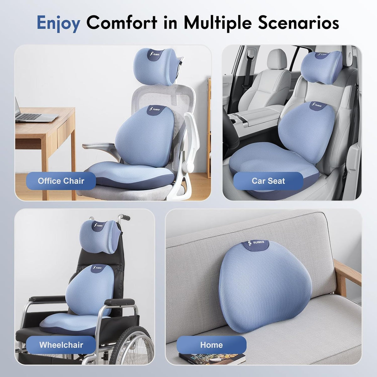 FLORICH Seat Cushion and Lumbar Support Pillow for Office Chair Car, Car Neck Pillow, Ergonomic Memory Foam Back Support for Office Gaming Chair Wheelchair, Relieves Neck, Back & Sciatica Pain – Blue