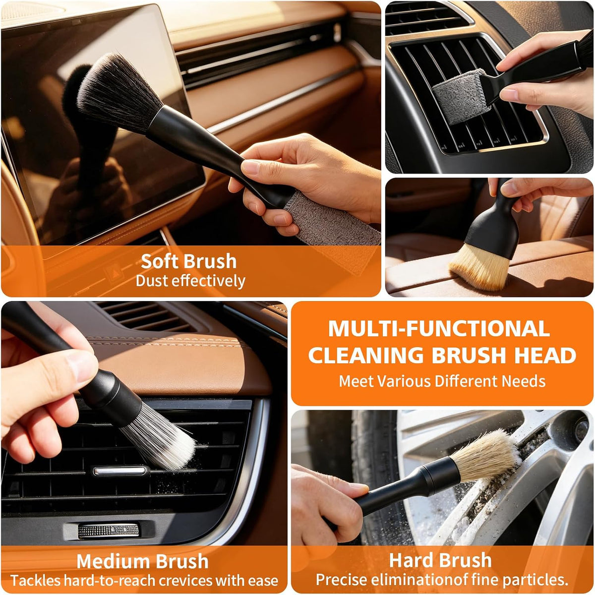 Windshield Cleaner Tool, 12Pcs Car Cleaning Kit, 23-inch Extendable Handle with 4 Microfiber Pads, Car Interior Detailing Brushes, All-in-One Inside Car Cleaning for Auto Detailing