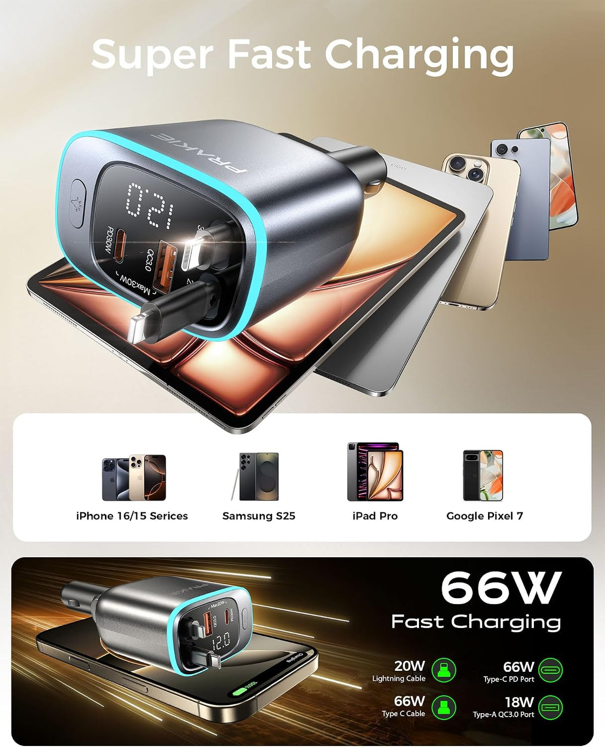 iPhone Car Charger, Retractable Fast USB C Phone Charger, 4 in 1 Cigarette