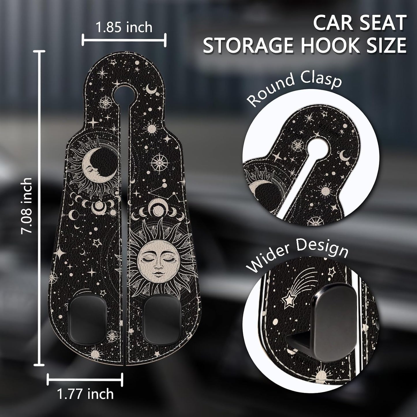 Blusabaca 2PCS Car Seat Back Storage Headrest Hooks, Sun and Moon Purse Holder Bags Hanger, PU Leather Double Metal Hook for Backseat Organizer, Women Car Accessories Organization