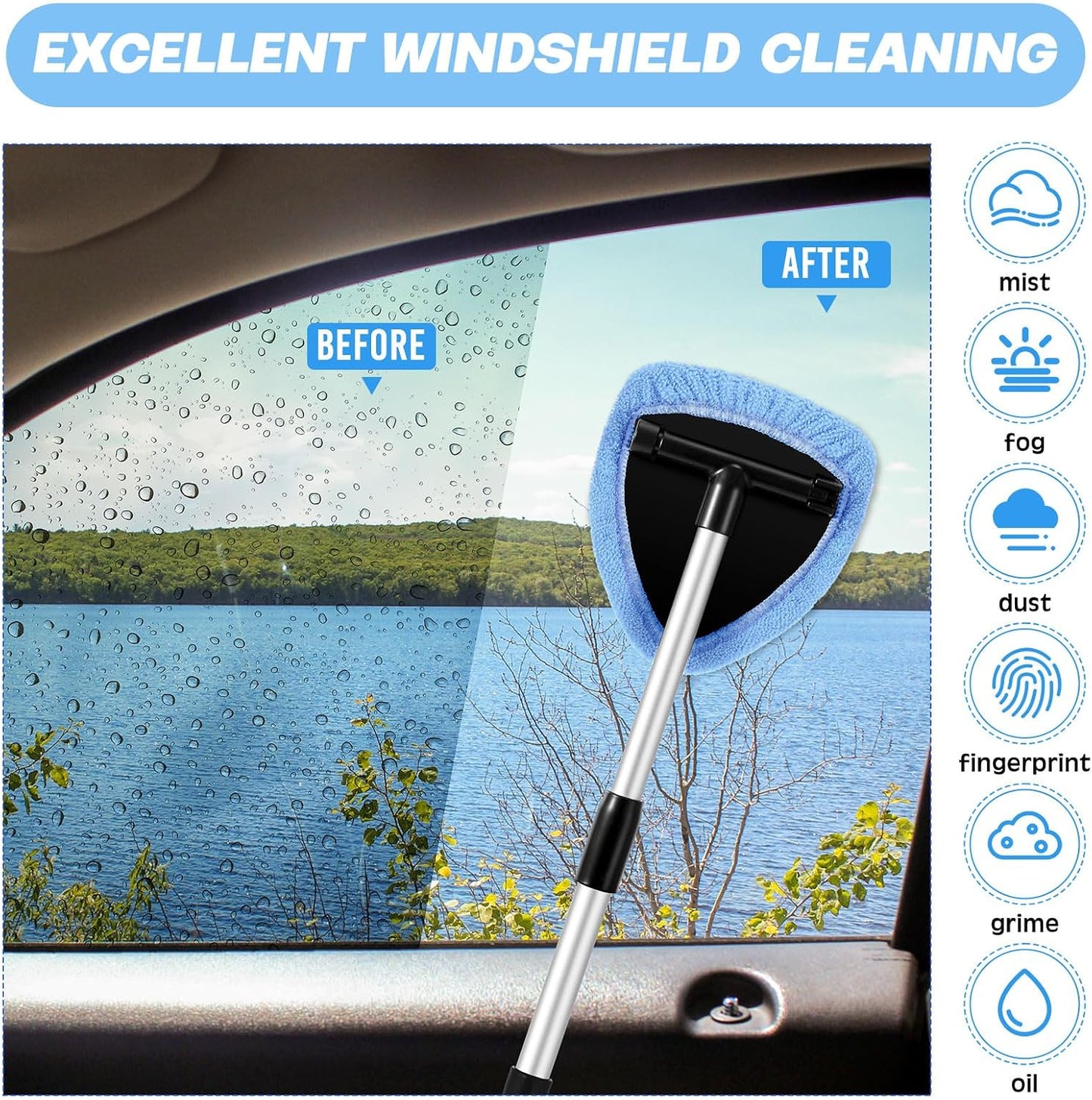 Baderke 10 Pcs Windshield Cleaner Tool Car Window Cleaning Supplies with Extendable Handle Include 6 Washable Microfiber Bonnets 2 Empty 60ml Spray Bottle Glass Wiper Kit(Light Blue)