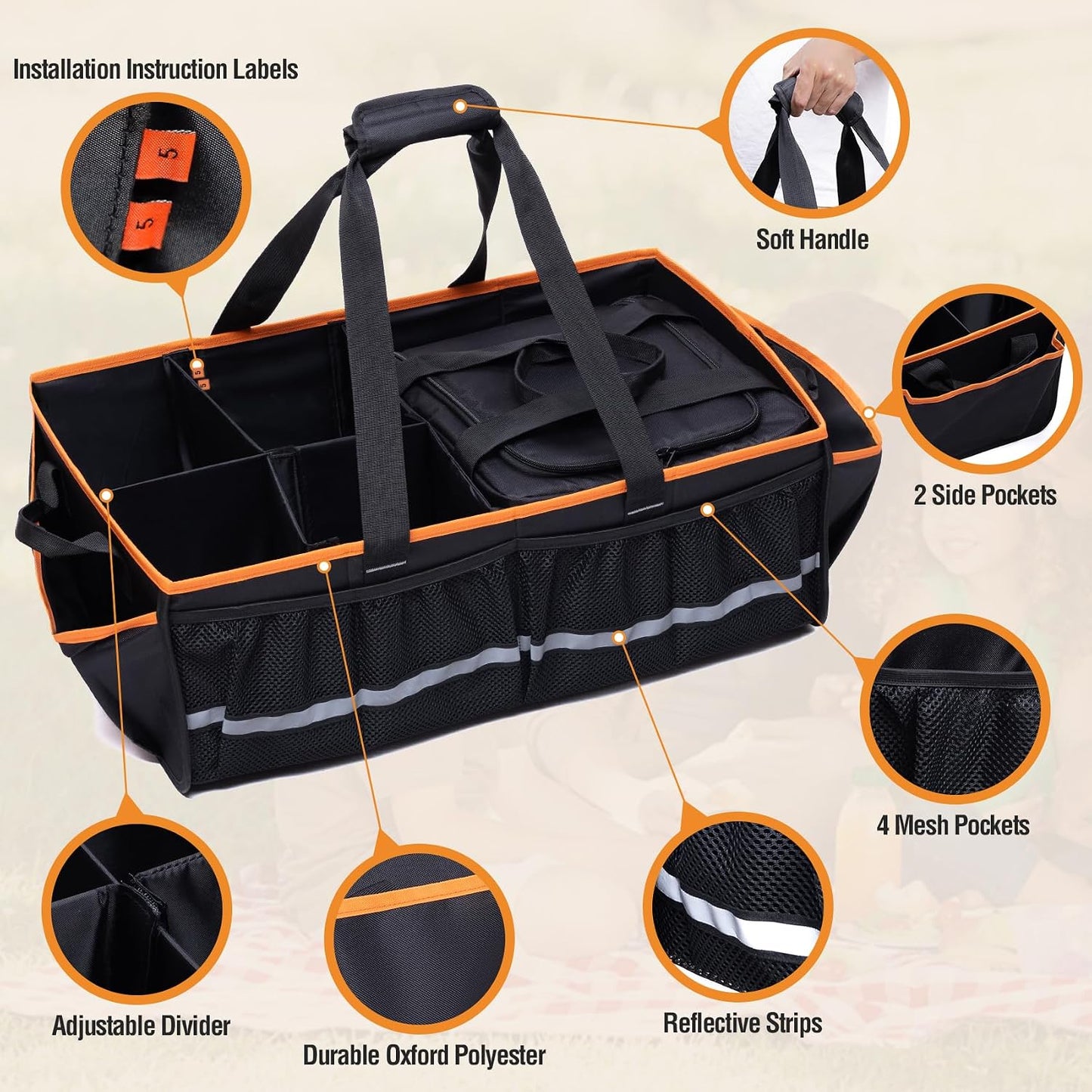 Rifachua Car Front Trunk Organizer with Cooler Bag Compatible with Tesla Model Y Model 3 2020-2026, Foldable Grocery Frunk Storage Bag Collapsible for Car SUV with Multi Compartment，Black