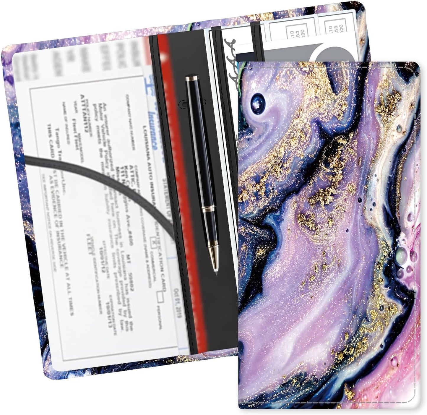Leather Car Registration and Insurance Card Holder, Cute Car Accessories Vehicle Glove Box Car Organizer for Documents, Cards, License Blue Marble