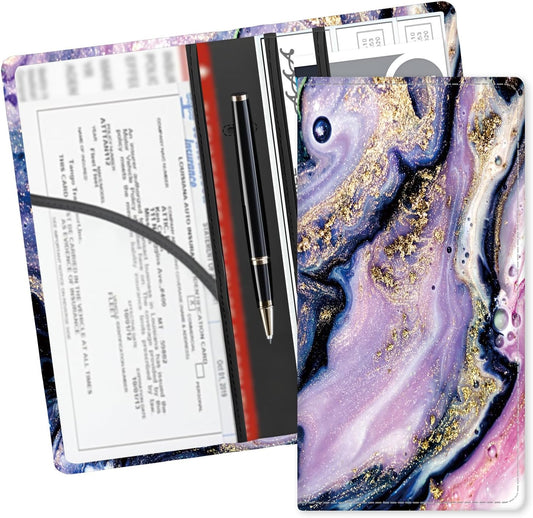 Leather Car Registration and Insurance Card Holder, Cute Car Accessories Vehicle Glove Box Car Organizer for Documents, Cards, License Blue Marble