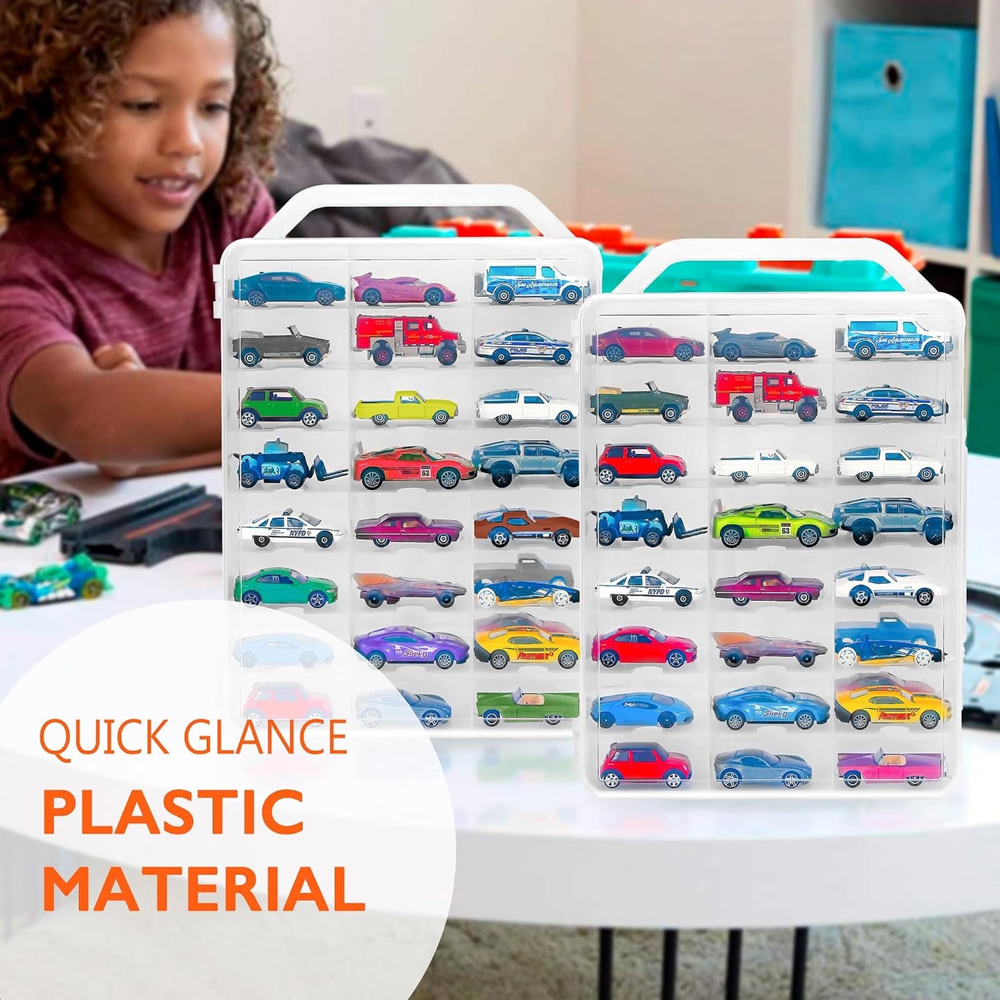 Double Sided Toy Car Storage Case for 48 Diecast Cars, Matchbox Cars, Small Dolls, Portable Storage Case for Toy Cars, Matchbox Cars with 46 Slots, Case Only