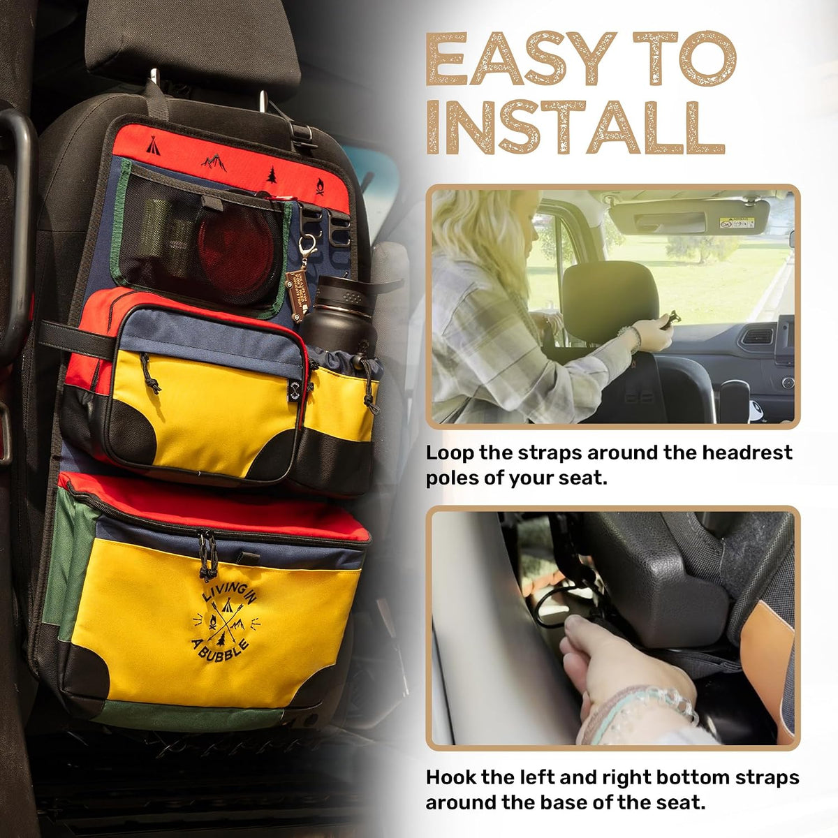 Living in a Bubble Seat back Organizer – Magnetic Toiletry and Cooler Pouch, Cordura Car Backseat Storage with Device Holder & Hooks, Multi-Compartment Utility Bag for Campervans & Family Travel