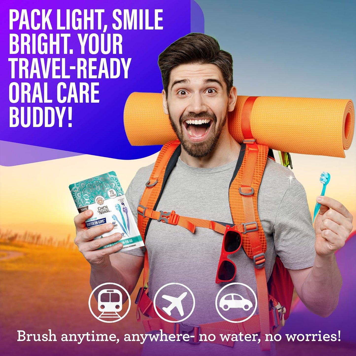 GuruNanda Mini Disposable Toothbrushes with Toothpaste & Toothpick, Prepasted Ready-to-Go Travel Toothbrush with Butter on Gums Bristles - Fluoride Free, No Rinsing, Individually Wrapped, 70 Ct