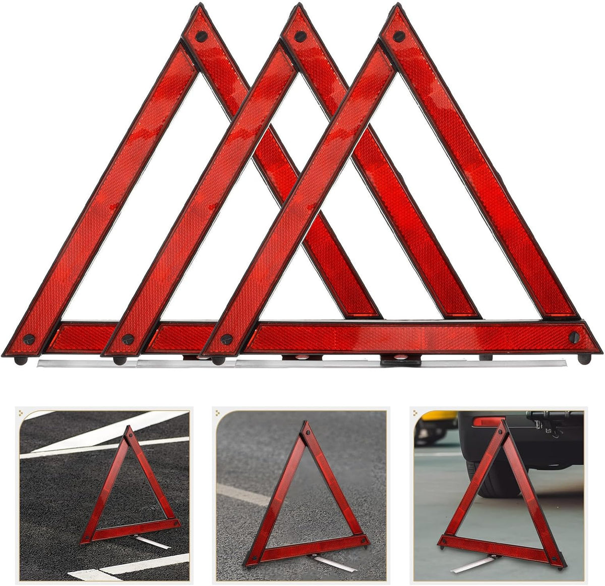 KALLORY 3pcs Reflective Road Markers Warning Triangles Made of Sturdy Abs Material with Compact and Reliable Placement for Traffic Safety and Road Parking Emergency Use