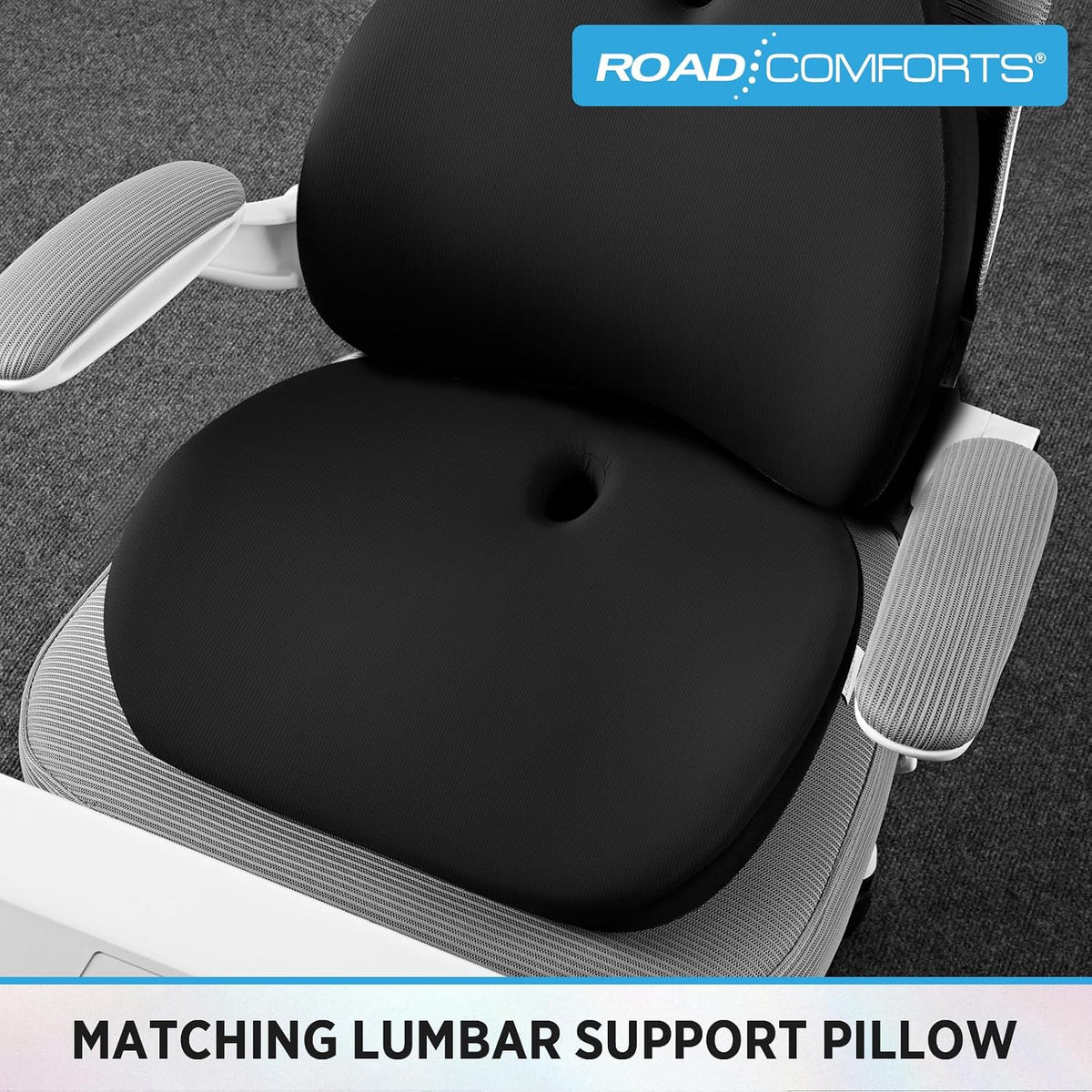 Road Comforts Memory Foam Lumbar Support Pillow – Ergonomic Back Cushion for Office, Car, Home & Travel – Lower Back Pain Relief, Removable Washable Cover (Black)