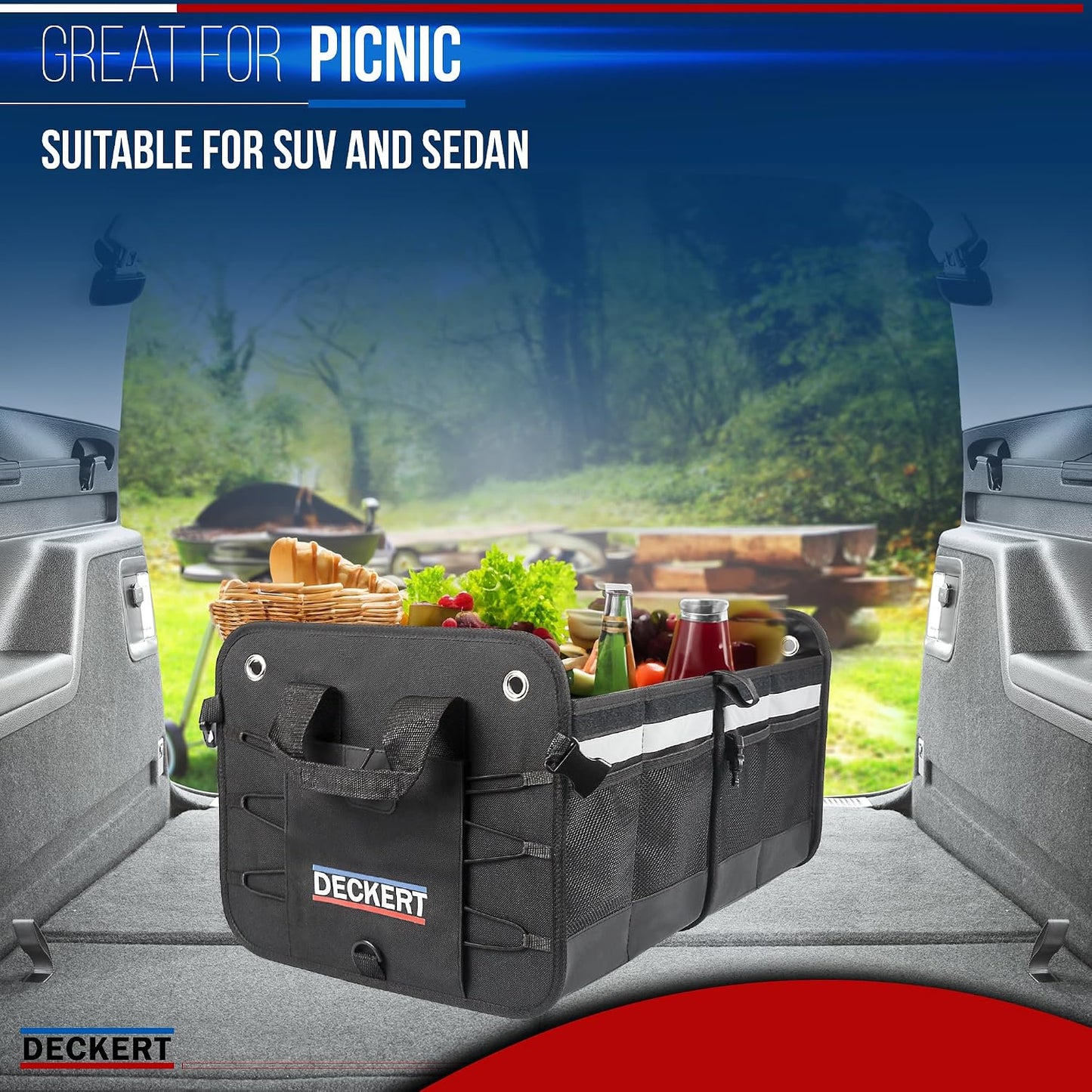 Deckert Large Size 61L Car SUV Trunk Organizer, 600D Oxford Polyester, Collapsible, Multi compartments, Securing straps, Suitable for any car type, Black with Reflective Stripes