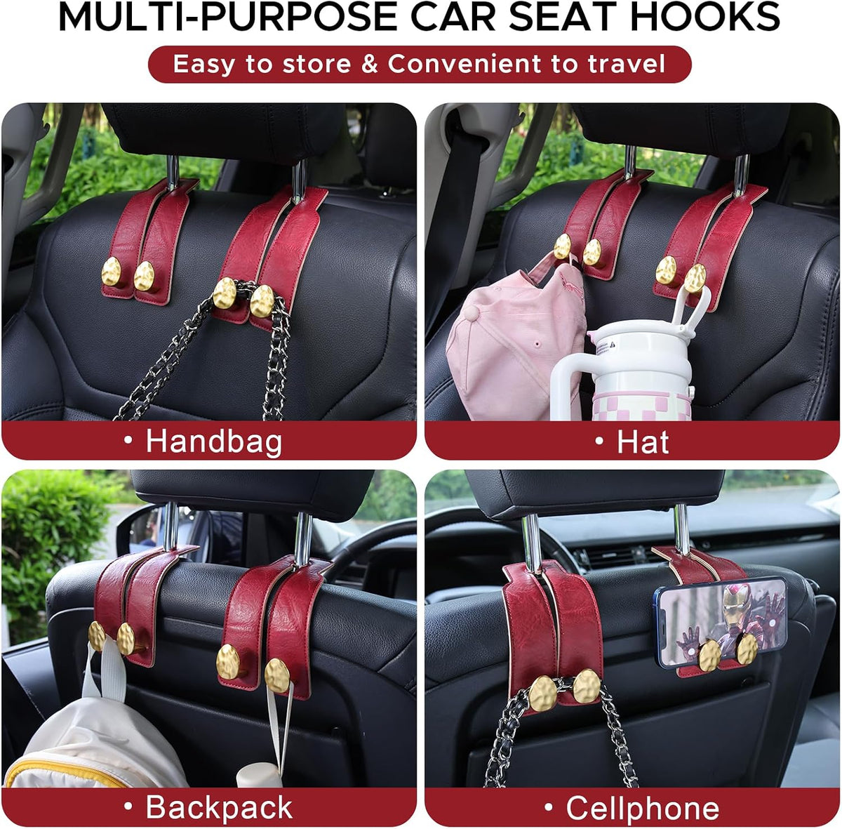 Leather Car Purse Hook for Headrest, 2 Pack (Red-Gold)