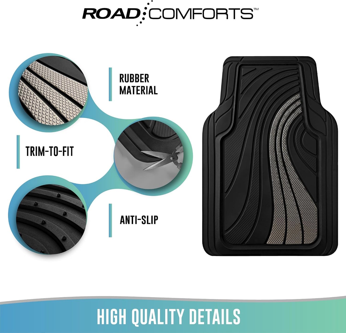 Road Comforts Car Floor Mats Full Set – Front & Rear Car Floor Mats with Aluminum Design, Anti-Slip Backing, All-Weather Protection, Trim-to-Fit Car Mats for Most Sedans, SUVs & Vans - Light Grey