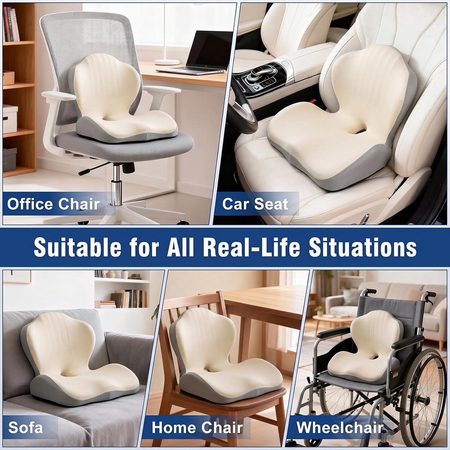 Car Seat Cushion with Lumbar Support Pillow, Memory Foam Office Chair Cushion for Back Pain Sciatica Pain Relief, Ergonomic L-Shaped Seat Cushion for Car Truck Driving Office Chair Home (White Gray)