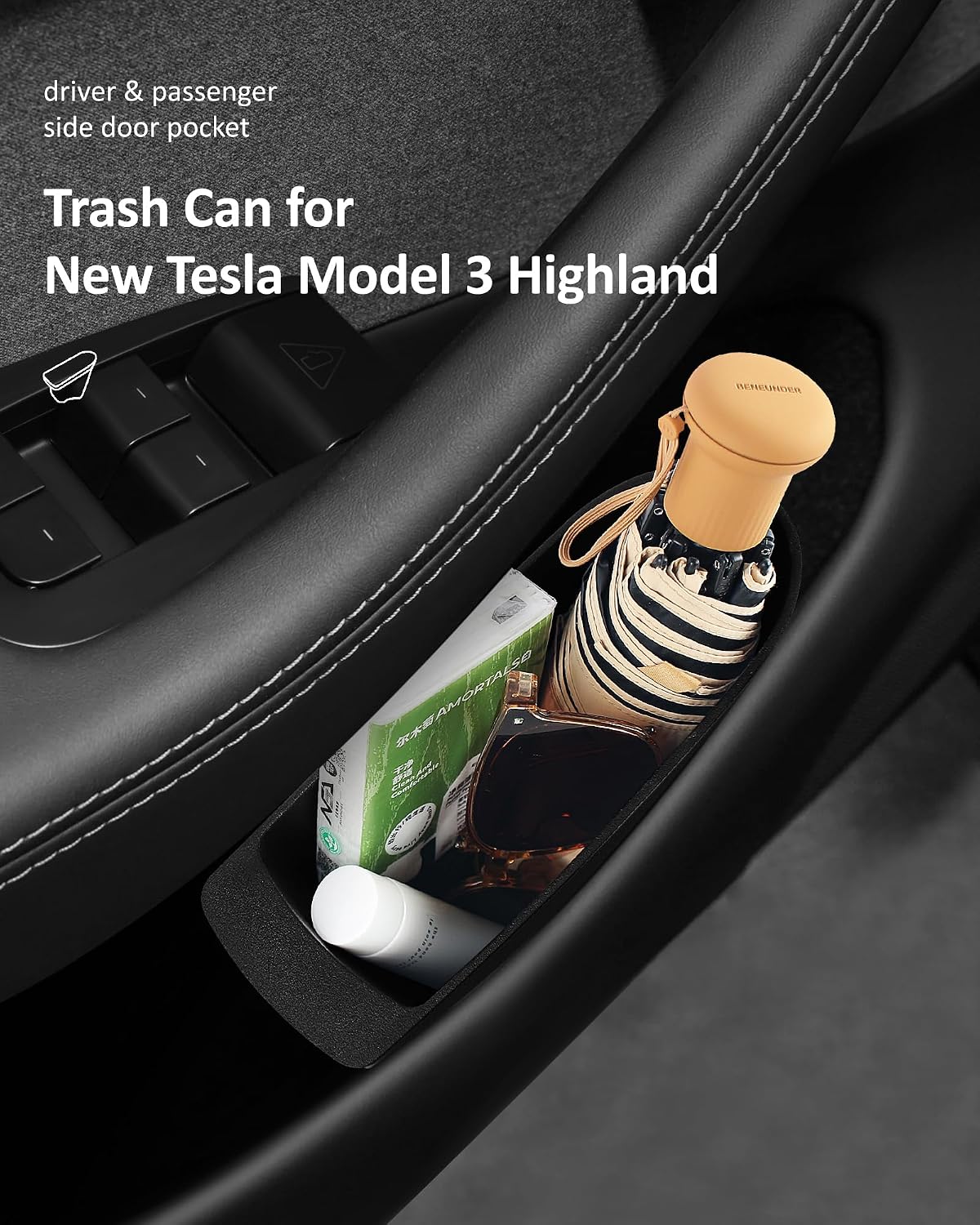for Tesla Model 3 Highland 2024 2025 2026 Front Door Pocket Insert Trash Can, Model 3 Accessories Side Door Garbage Storage Organizer 2-Pack