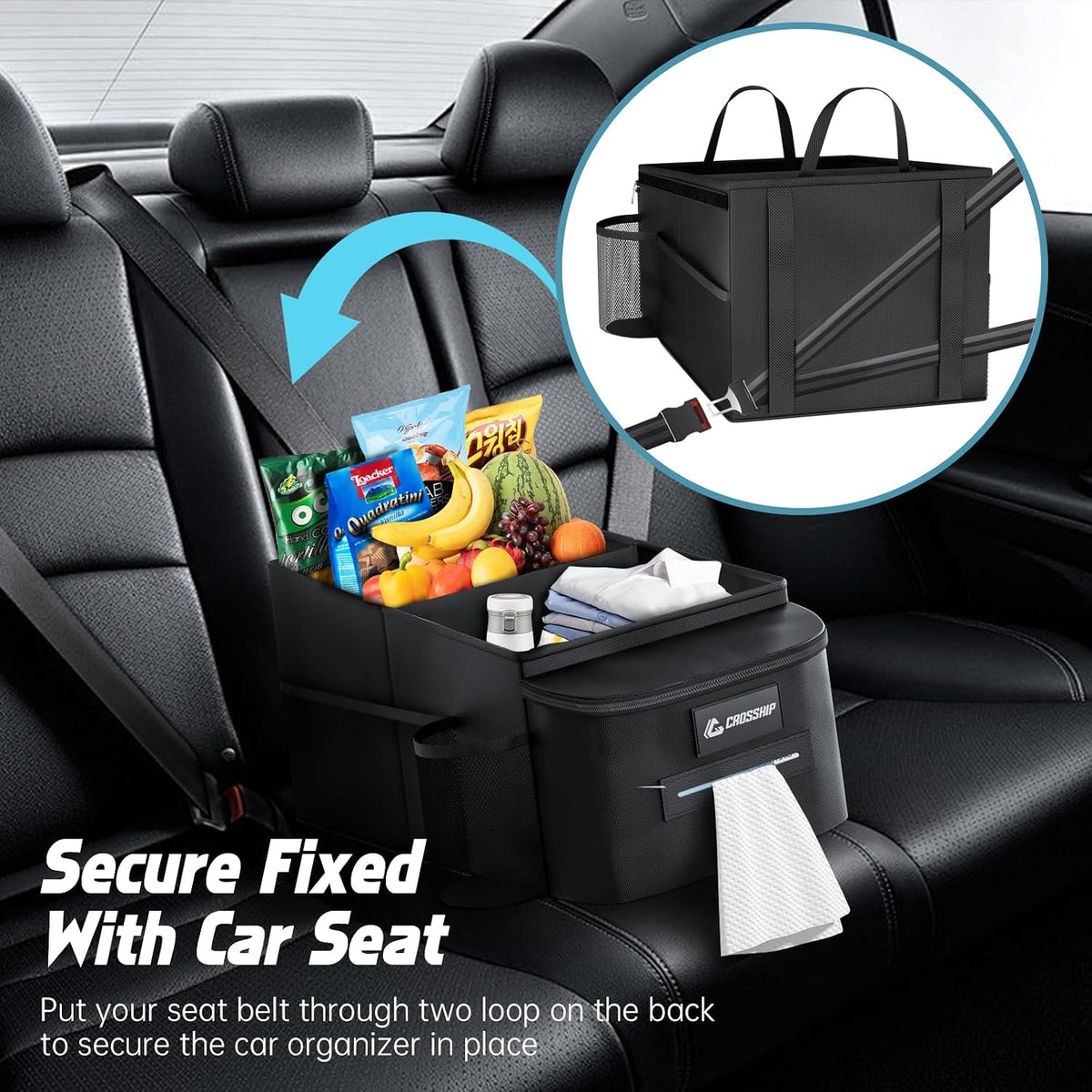 Car Seat Organizer - Kids Car Organizer Between Seats, Front with Tissue Box & Cup Holder, 1680D Oxford for High Strength Road Trip, Cross-country Driving No Damaged