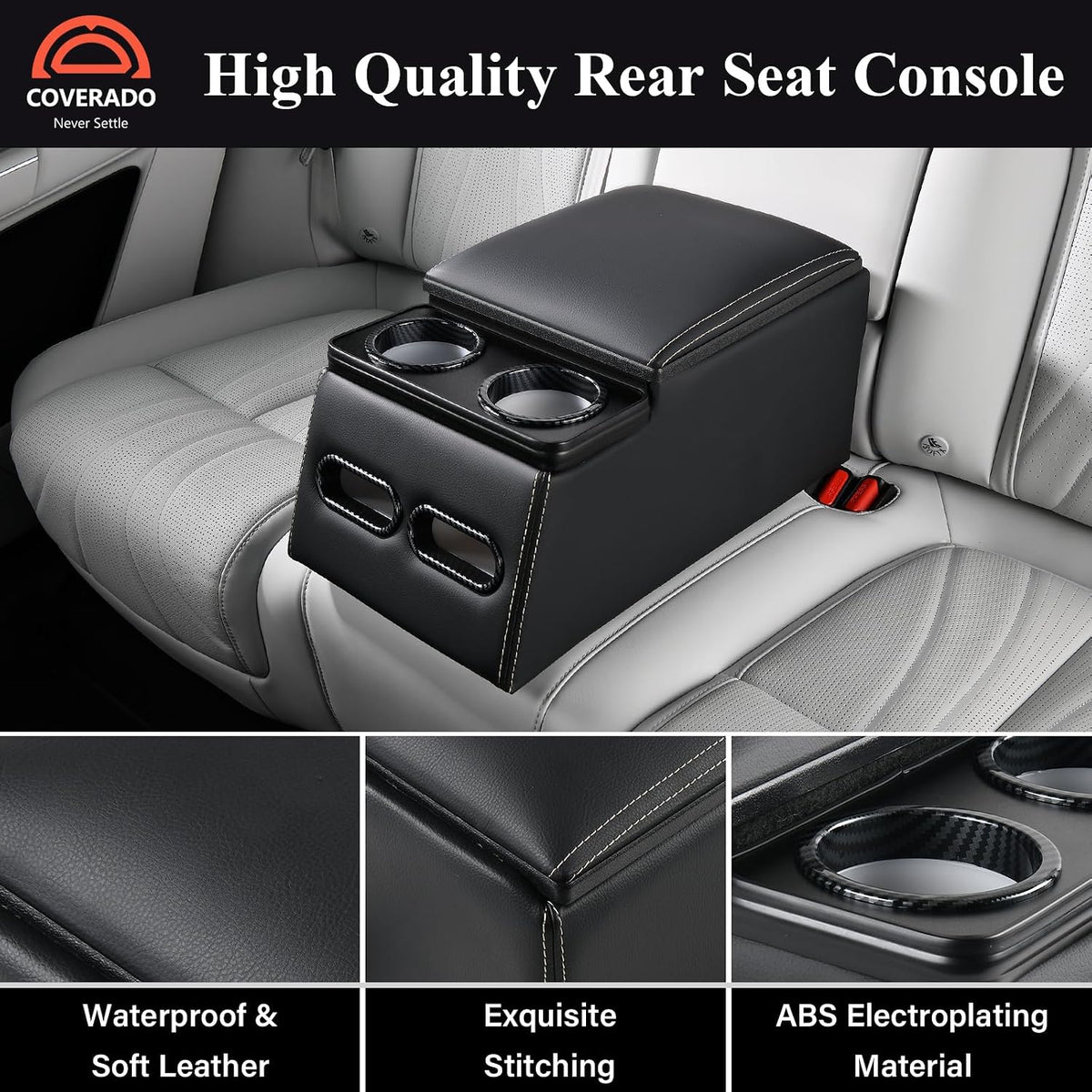 Coverado Car Center Console, Universal Rear Bench Seat Consoles, Truck Seat Organizer and Storage, Back Seat Car Organizer with Cup Holder, Central Armrest Box (Regular, Black)