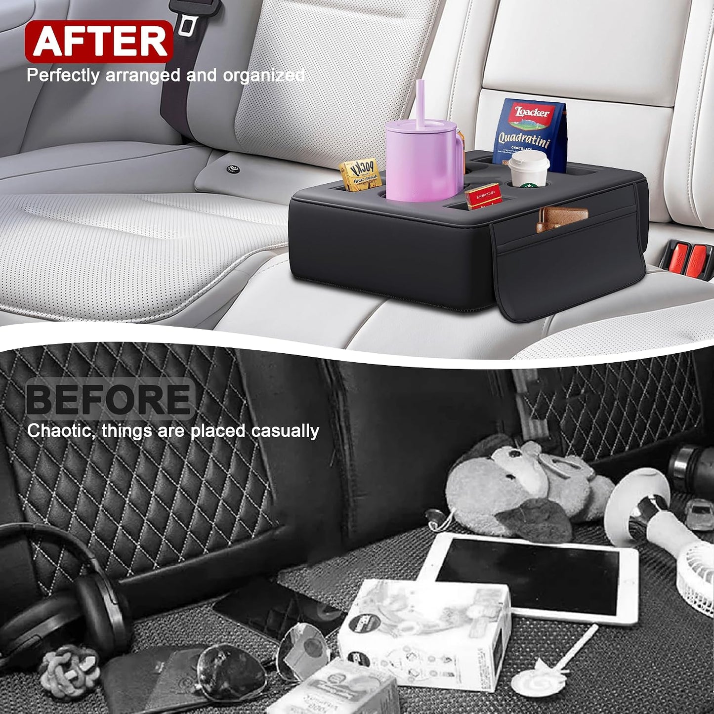 2026 Upgraded Car Cup Holder, 8 in 1 Back Seat Cup Holder for Car, PU Leather Backseat Organizer Car Cupholder Expander Tray for Trucks SUVs RVs Center Console Couch, Holds Drinks Food Phone