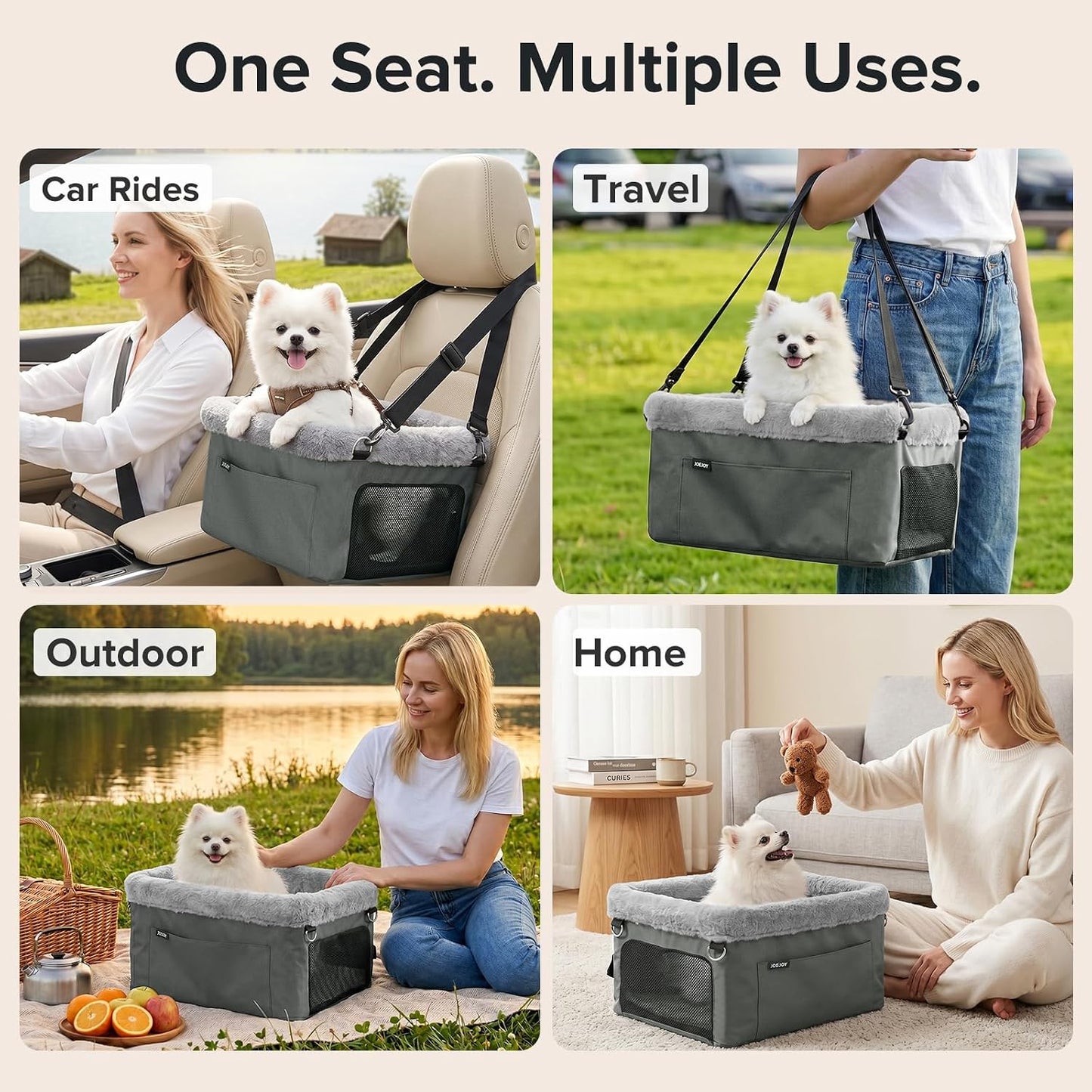 JOEJOY Deluxe Dog Booster Seat with Sturdy Metal Frame and Safety Leash for Small Pets up to 20 lbs - Portable Puppy Dog Car Seat with Thick Cushion and Storage Pockets for Small Dogs