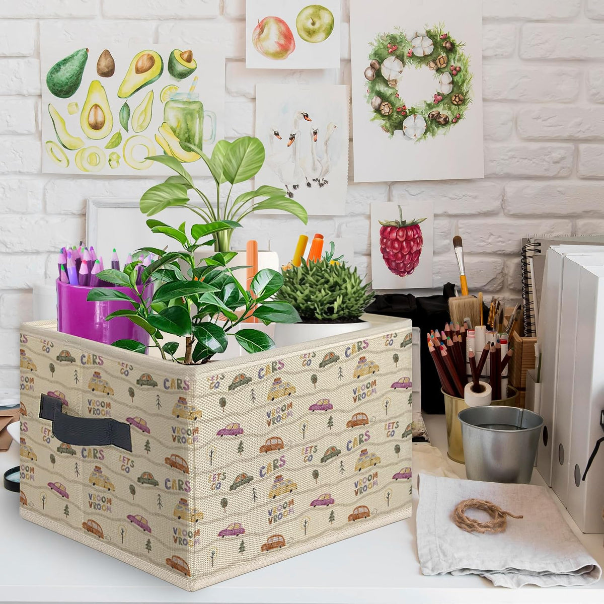 Vintage Car Nursery Foldable Storage Bins Box with Handles, Neutral Car Vehicle Collapsible Toys Books Clothes Organizer Basket for Kids Nursery Room Bedroom Bathroom Playroom