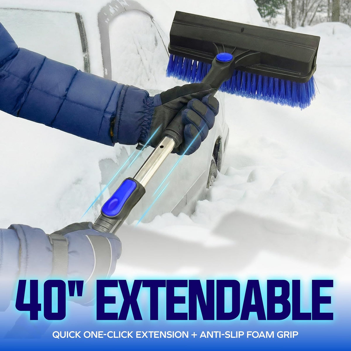 Snow Joe 45-Inch Multi-Purpose Ice Scraper for Car Windshield and Extendable Snow Brush with Foam Grip, 360° Pivoting Brush Head and Squeegee, for Car, Truck, SUV, Snow Removal Winter Car Accessory