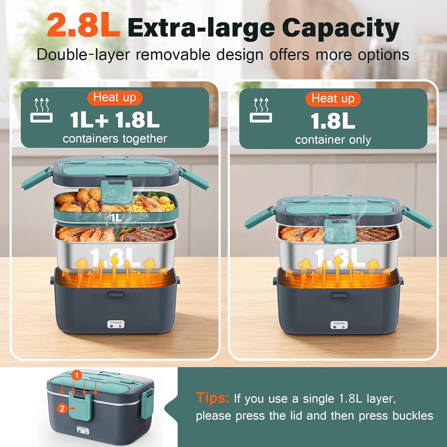 2.8L Electric Heated Lunch Box - 100W Portable Food Warmer for Adults, Leak-Proof & Dishwasher-Safe, Ideal for Car, Truck, Travel, Work, Gift for Men & Women