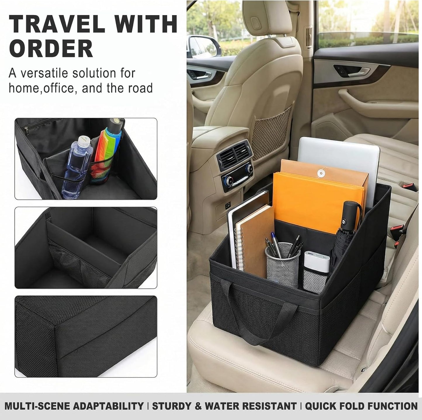 Car Seat Organizer Caddy, Collapsible Front Backseat Car Organizer & Floor Storage with Dividers, Mesh Pockets, Belt & 4 Cup Holders for Kids and Travel Accessories