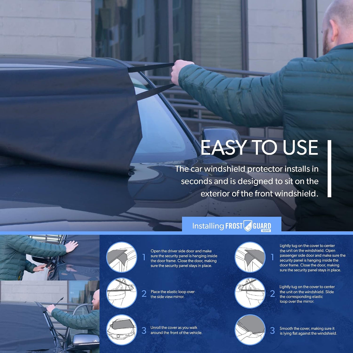 Frostguard Glove | Car Windshield Cover for Ice and Snow - Standard Size, Fits Sedans and Compact Cars - Features Elastic Loops, Security Panels + Storage Pouch - Black, Measures 59 x 41 Inches