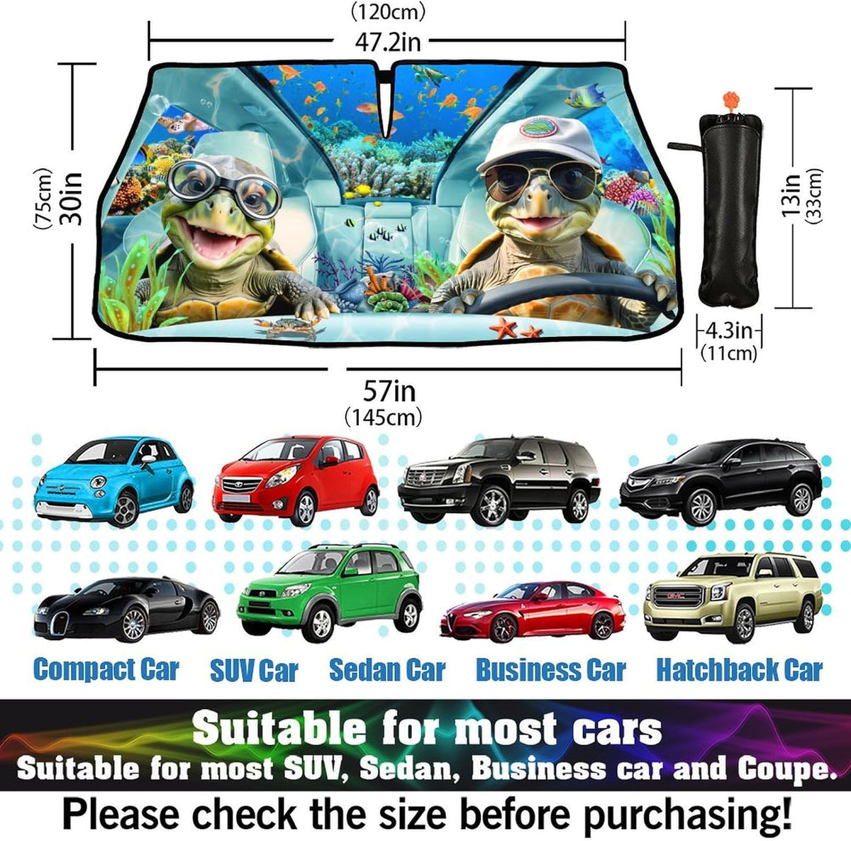 CHILL·TEK Print Turtle Windshield Sun Shade Funny Turtle Sun Shade for Car Front Window Block UV Rays Foldable Umbrella Windshield Sun Visor Protector Keep Vehicle Cool for Most Vehicles