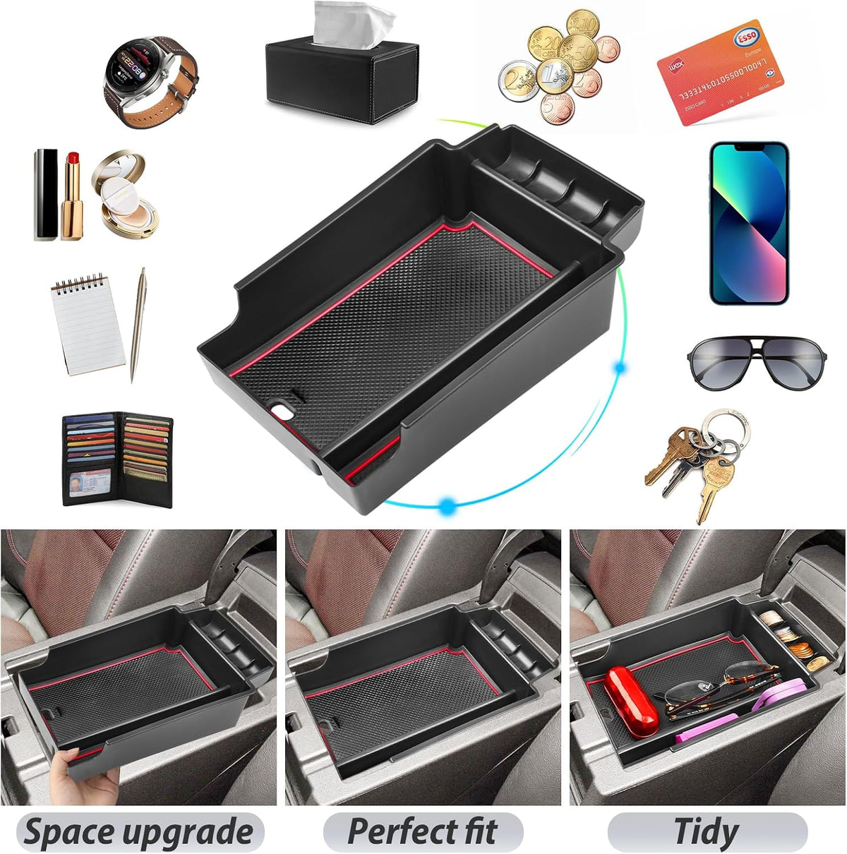 SKTU for 2019-2024 2025 Chevrolet Blazer Center Console Organizer 2024 2025 Chevy Blazer Accessories ABS Black Materials Tray Armrest Secondary Storage Box with Coin and Glass Holder (Red)