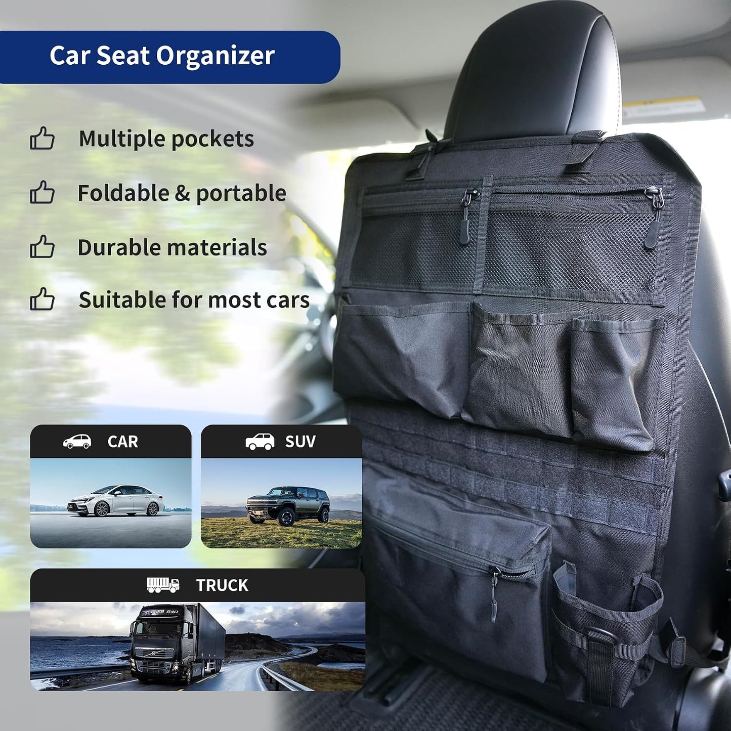 Backseat Car Organizer,Tactical Car Seat Back Organizer, Kick Mats Back Seat Protector with Three Zippered Storage pockets, Travel Accessories with 8 Storage Pockets And DIY zone (Black)