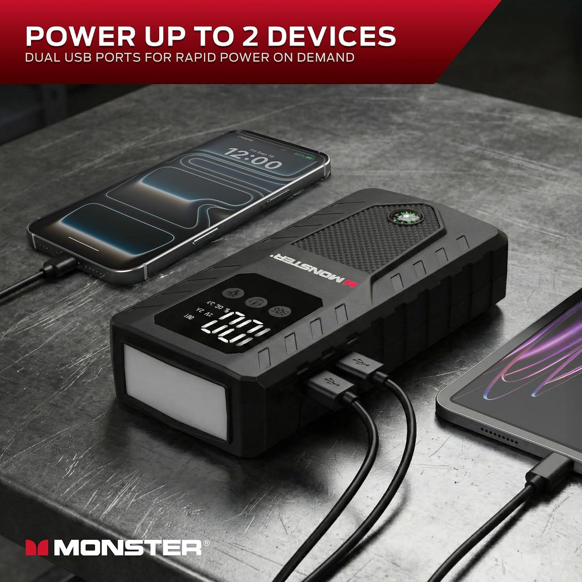 Monster 8000mAh Multi-Function Jump Starter, 12V Output, Dual USB Ports, LED Light, Built-in Compass