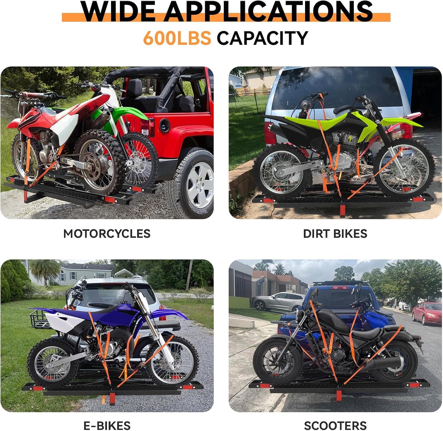 Dual Motorcycle Carrier for Hitch - Heavy Duty 2-Bike Motorcycle Hitch Carrier with Ramp - 600 Lbs Capacity for Dirt Bikes & e-Bikes, Fits 2" Receiver