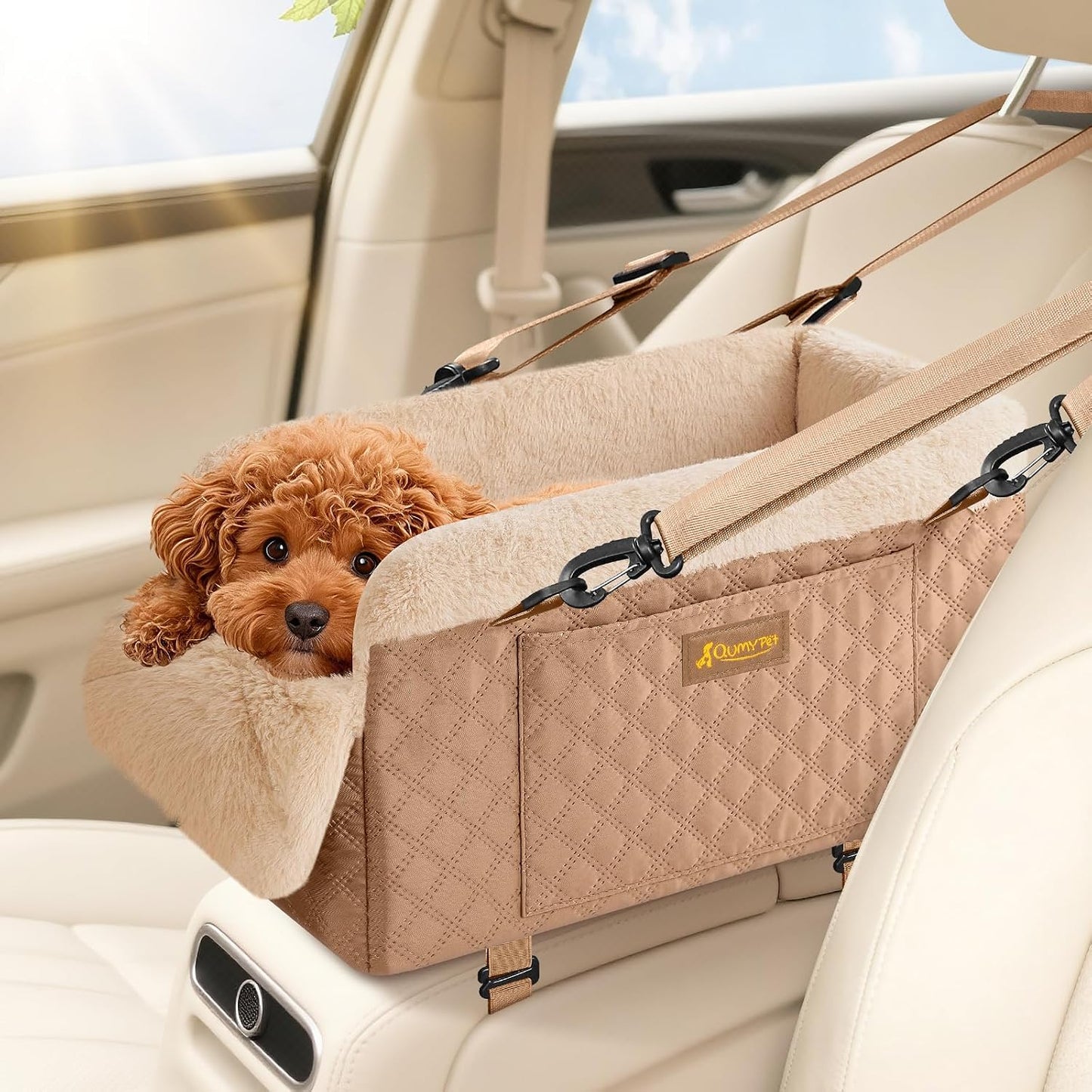 QUMY Dog Car Seats for Small Dogs Up to 11lbs, Portable Center Console Dog Booster Seat, Multi-Purpose Puppy CarSeat with Adjustable Safety Belt, Travel Pet Car Carriers for Small Dogs and Cat, Black