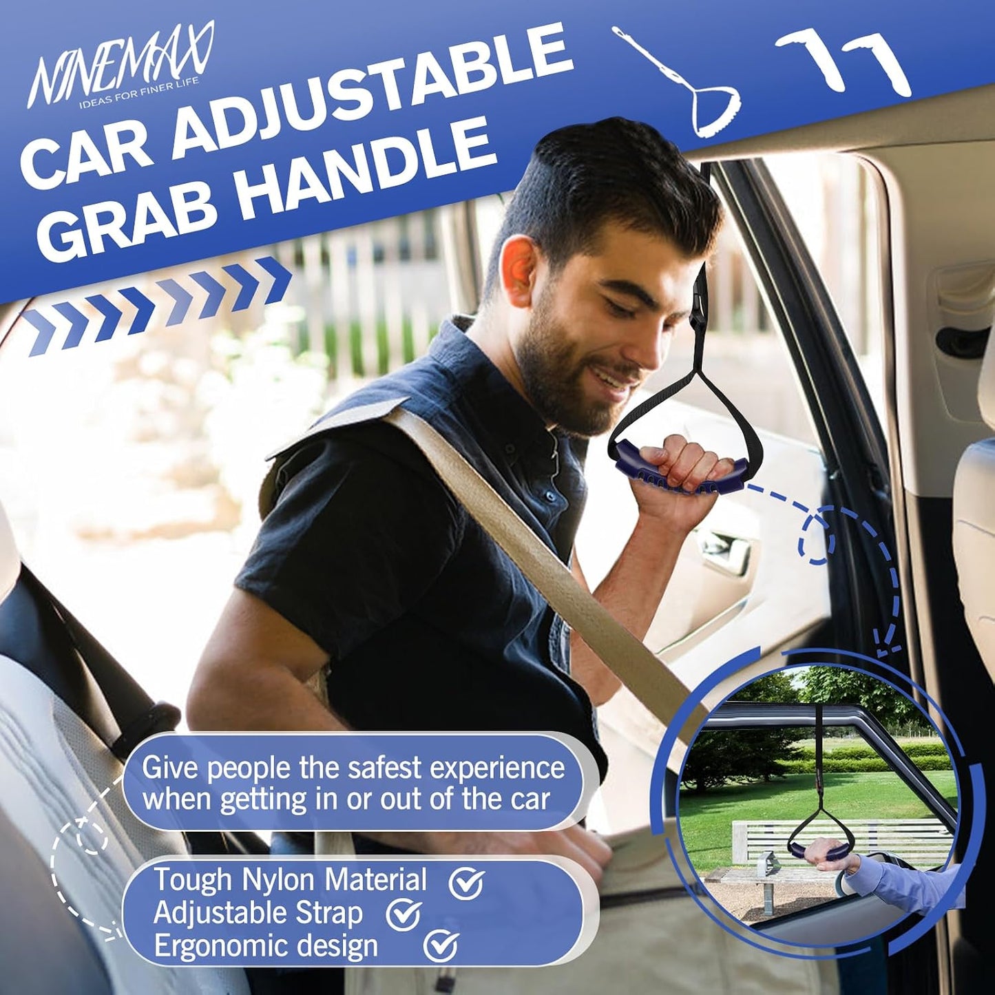 NINEMAX Car Door Assist Handle for Elderly & Handicap, (1 pc with Strap) | Stable Support for Easy Vehicle Entry, Universal Fit for Most Cars, Lightweight & Portable, Non-Slip Grip, Tool-Free Setup