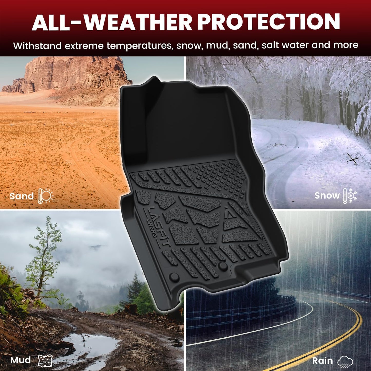 LASFIT Floor Mats for Nissan Frontier 2022-2026 Crew Cab (Not Fit King Cab), All Weather TPE Custom Fit Easy Clean Durable No-Curling Floor Liners for Frontier 1st & 2nd Row Car Mats, Black