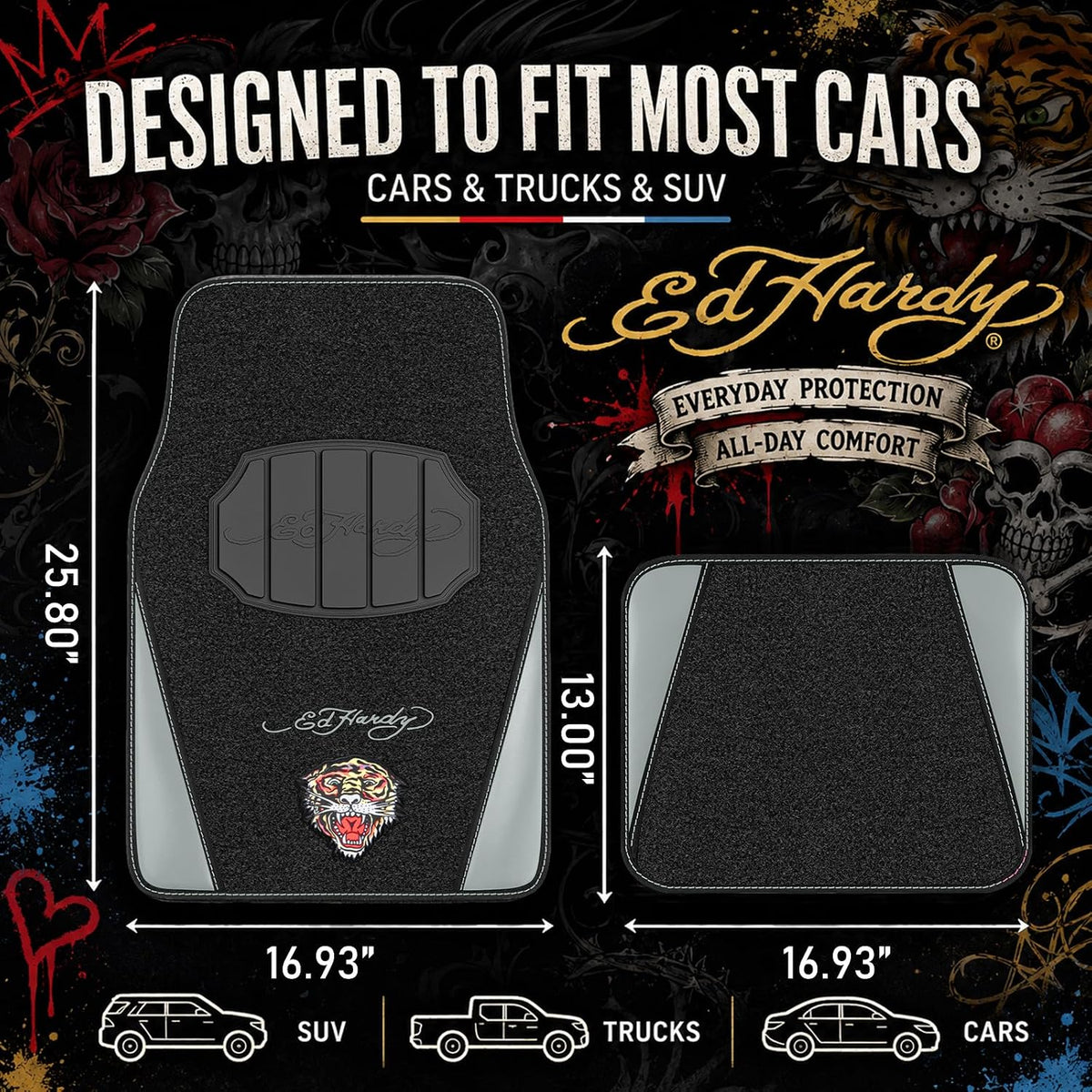 ED HARDY Tiger Print Car Floor Mats, Carpet Floor Mats with Gray Leather Design, Automotive Car Mats with Built-in Heel Pad & Anti-Slip Backing, Fits Most Cars, SUVs & Trucks, Durable & Odorless